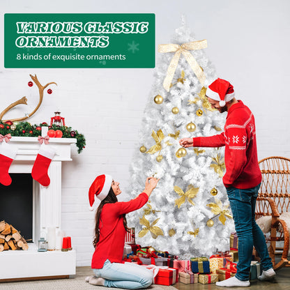 7.5FT White Pre‑lit Artificial Christmas Tree, Hinged Xmas Tree with 400 Warm White LED Lights Remote Control, 1600 Branch Tips with Tree Skirt Bow Gold Ornaments for Home Holiday Decor