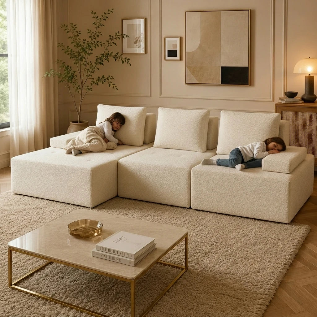 #Modern L Shape Sectional Sofa Cream White Fabric Deep Seat Cloud Modular Living Room Sofa Luxury Nordic Style Home Sofa Set