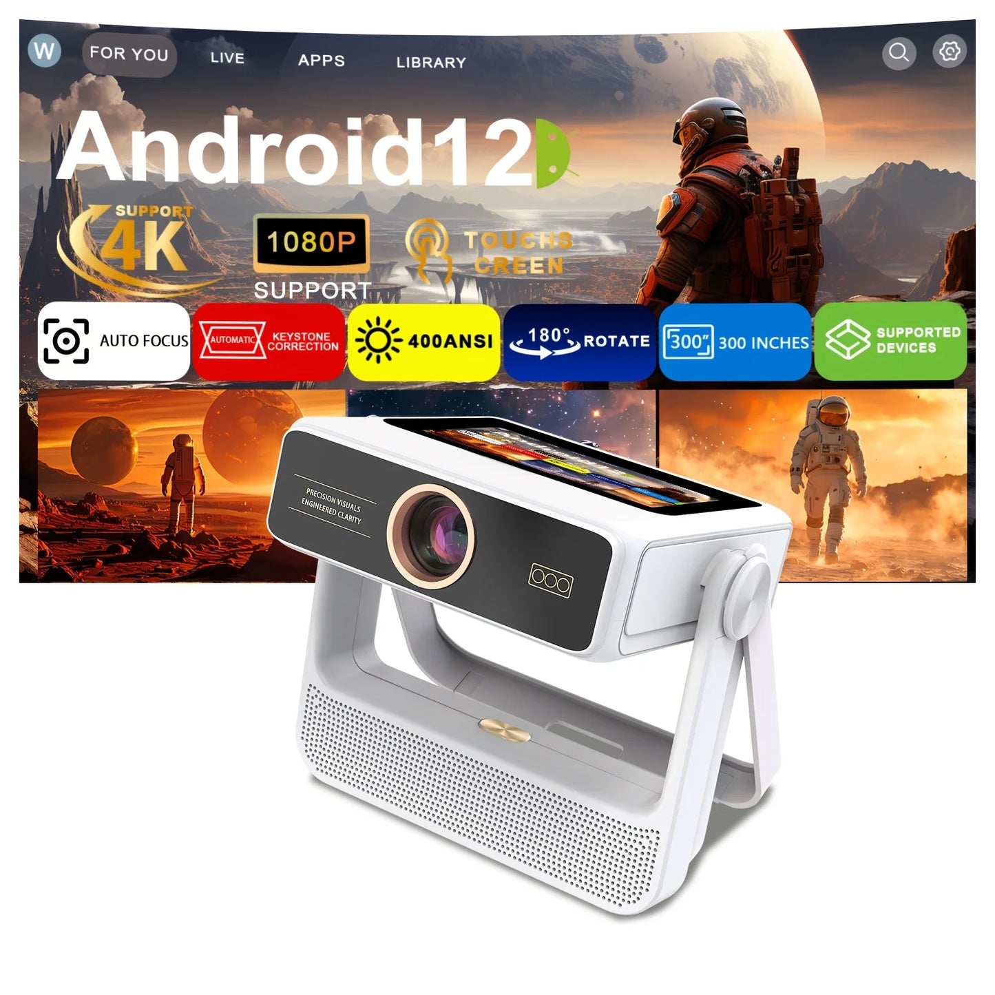 4K Touch Screen Projector with WiFi Bluetooth, Auto Focus Smart Portable Game Projector, Mini Outdoor Movie Projector Compatible with Phone/ TV /pc for Bedroom Home Theater ﻿