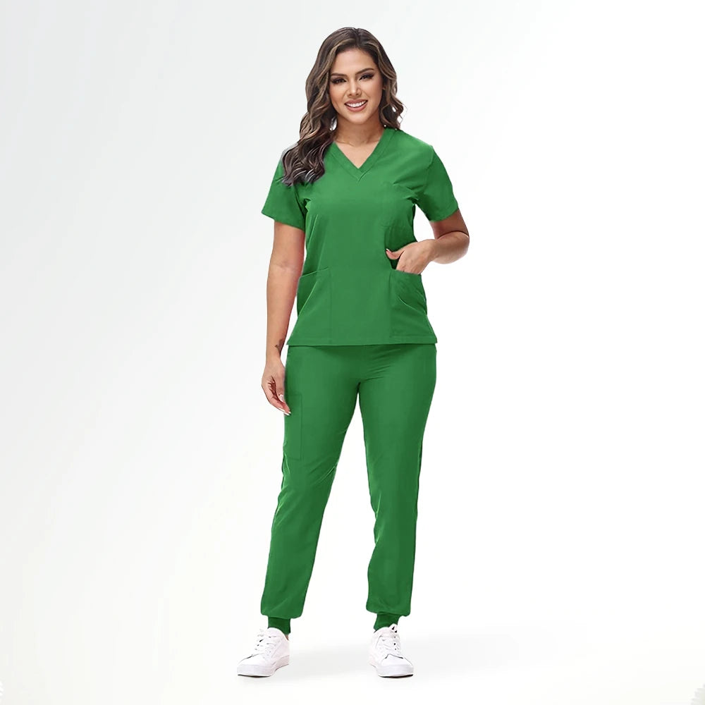 Women's Nurse Scrub Set | V-Neck Top & Jogger Pants, Stretch Jersey | Medical Workwear