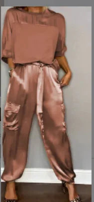 Elegant Satin Two Piece Set Women Outfits Spring Summer Casual Solid O Neck Shirt Long Pants Tracksuit Fashion Female Loose Suit