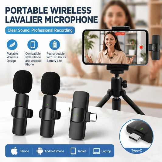 Portable Wireless Lavalier Microphone Professional Lapel Mic Set for iPhone 15 Plus Pro Max Android Phone Type-C Live Streaming Vlog Video Recording YouTube  Interview Plug Play