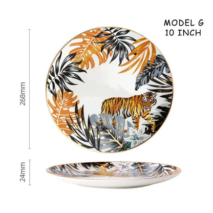 Dinnerware Set Colorful Forest Animal Design Plate Steak Tray Flat Ceramic Tableware 10inch Dish Christmas Gift Gold