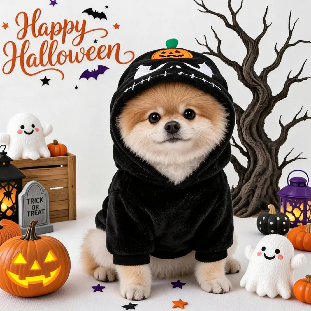 Halloween Pet Hoodie Fleece Dog Sweater Pumpkin Skeleton Cat Costume Warm Plush Coat for Small Medium Dogs Cats Puppy Winter