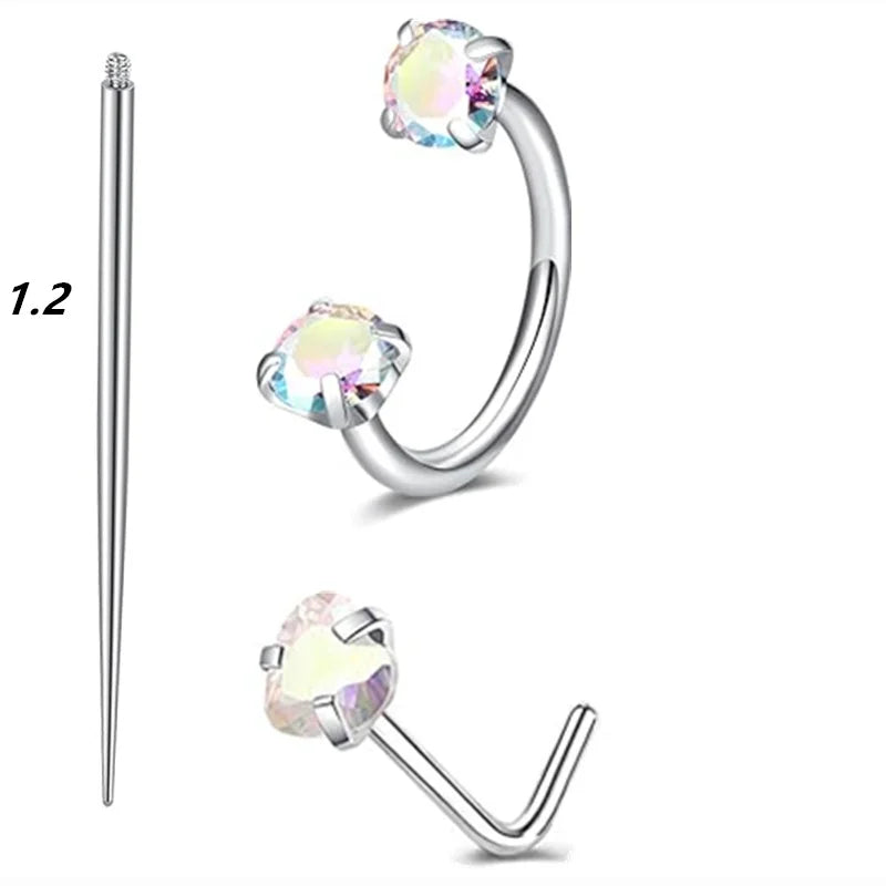 6/2pcs Horseshoe Nose Rings With L-Shape Nose Stud, Stainless Steel Rianbow CZ Nose Ring,, Lip Eyebrow Helix Ear Piercing