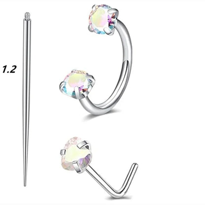 6/2pcs Horseshoe Nose Rings With L-Shape Nose Stud, Stainless Steel Rianbow CZ Nose Ring,, Lip Eyebrow Helix Ear Piercing
