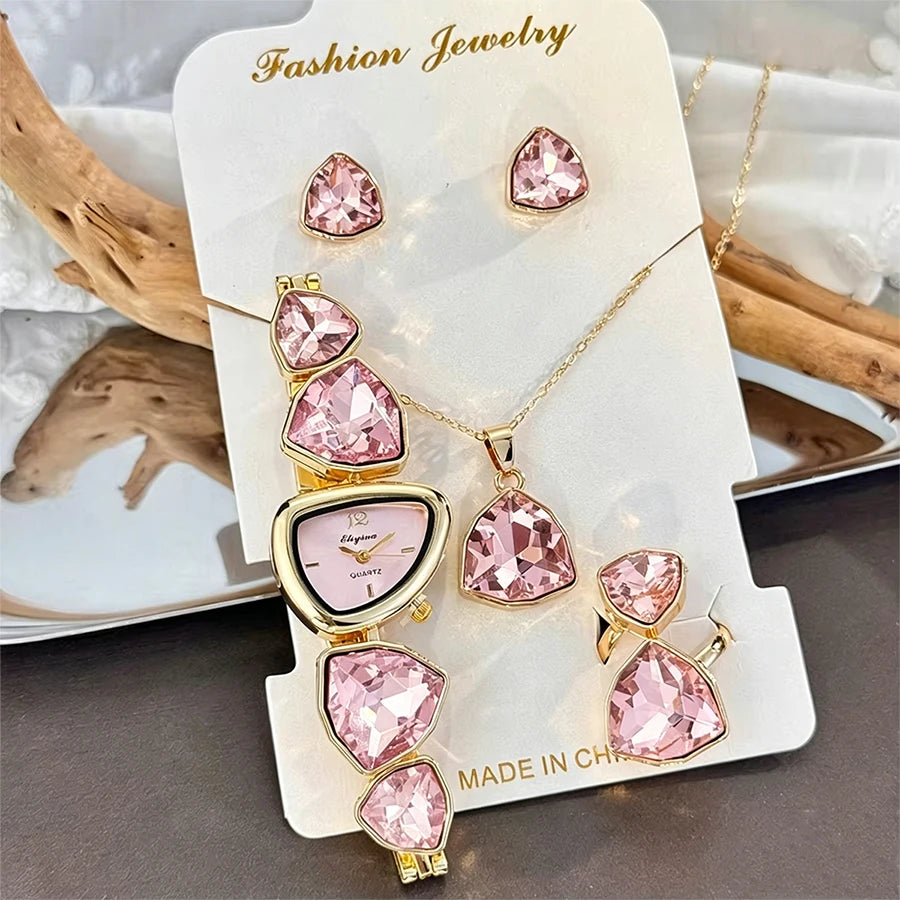 5pcs Luxury Women's Quartz Watch Jewelry Set Fashion Colorful Diamond Women Watches Necklace Ring Earrings Accessories Gifts Set