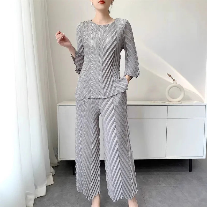 2026 Spring New Women Handmade Pleated Pants Set Comfortable Casual Seven Sleeve T-Shirt Top Loose Wide Leg Pants 2 Piece Set