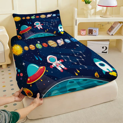 1pc Cartoon Space Astronaut Print Fitted Sheet Deep Pocket Elastic Mattress Cover Single Double Queen King Bedroom Decor