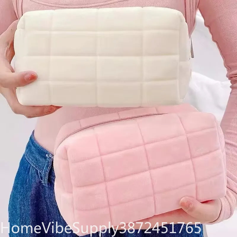 Solid Furry Large Cosmetic Storage Bag Zipper Makeup Organizer Multi‑Purpose Travel Toiletry Pouch Women Handbag Stationery Pencil Case Daily Gift Supply
