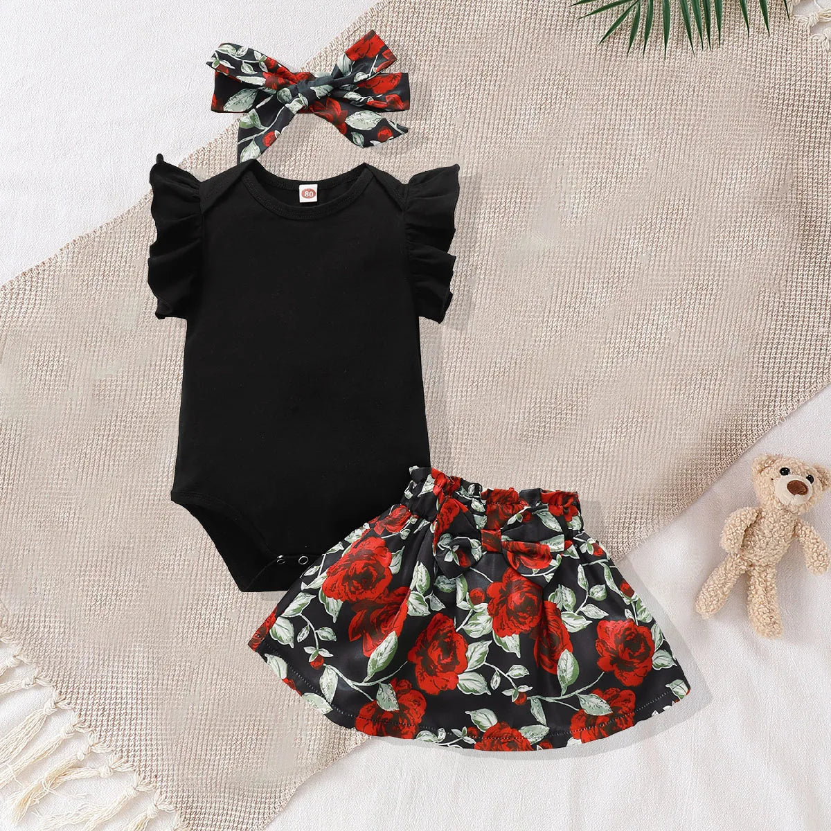 Baby Girl 2Pcs Outfit Black Ruffle Sleeve Bodysuit Red Rose Floral Skirt Headband Set Newborn Infant Summer Clothes
