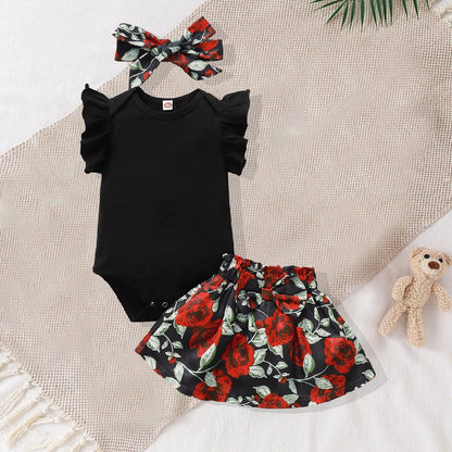 Baby Girl 2Pcs Outfit Black Ruffle Sleeve Bodysuit Red Rose Floral Skirt Headband Set Newborn Infant Summer Clothes