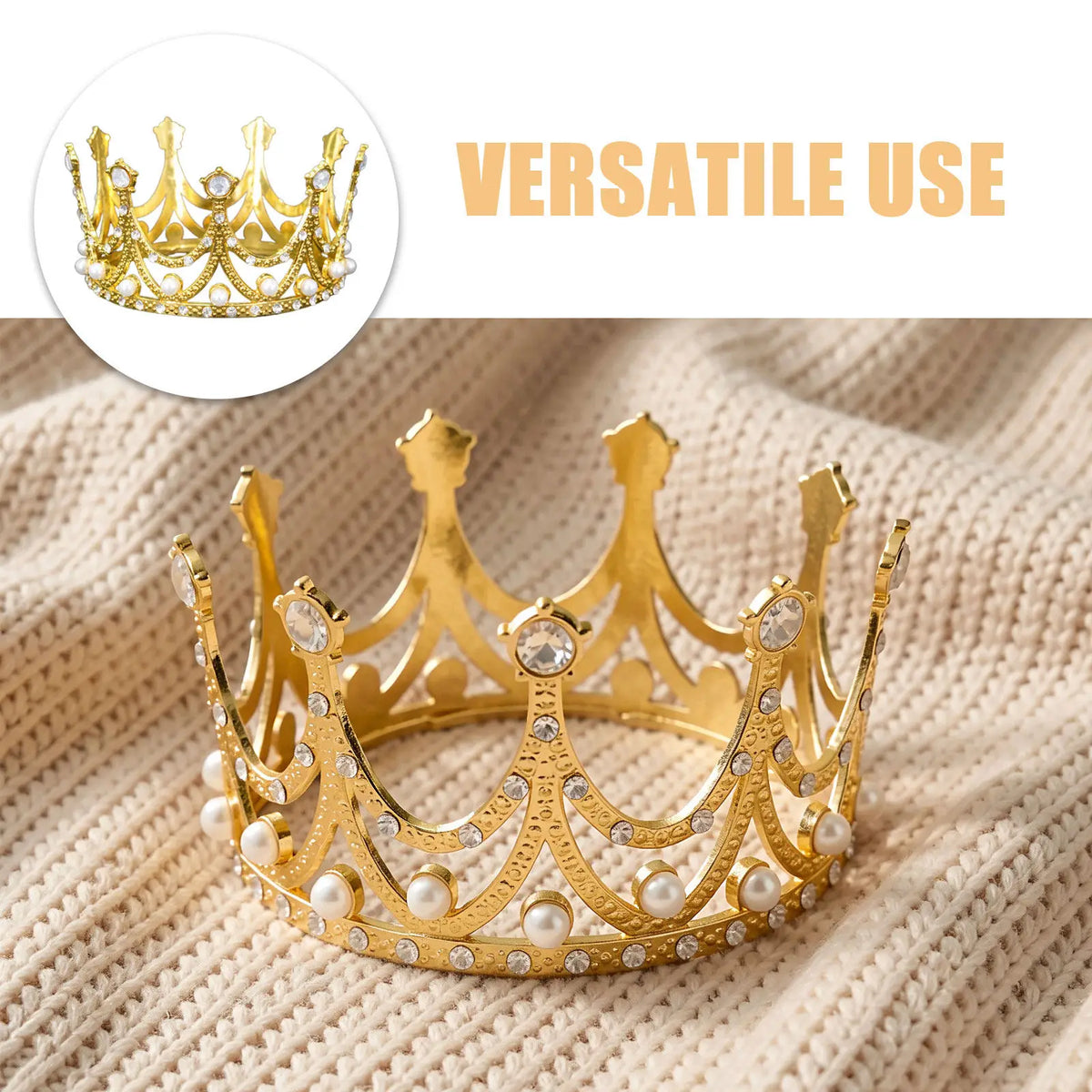 Gold Rhinestone Crown Cake Topper Pearl Tiara Baby Shower Wedding Birthday Party Cake Decorations