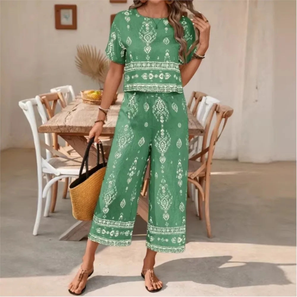 Fashion Ethnic Retro Printed Short-sleeved Women's Suit Summer New Casual Simple Elegant 7-minute Pants Female 2-piece Set 2026