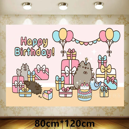 The Pusheen Cat Balloons Birthday Decoration Party Supplies Cartoon Grey Pet Fat Cat Theme Banner Backdrop Cake Topper Sticker