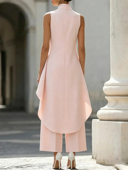 Sleeveless High Neck Jumpsuit With Asymmetric Draped Overlay Wide Leg Culottes Elegant Formal Evening Wear For Women