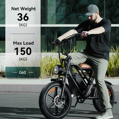 G60 E-Bike 1000W Adult Electric Bicycle 20” Fat Tire E-Bike 48V 15Ah Battery 45-55KM Range Dual Suspension 31MPH
