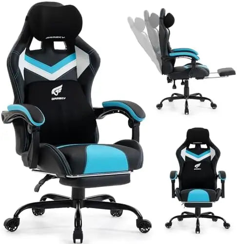 Ergonomic Gaming Chair for Adults, Black Blue | Comfy Video Game Chair with Footrest, Gamer Chair with Headrest and