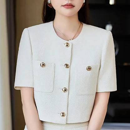 Luxury Blazer White Small Fragrance Short Sleeve Jacket Women's Summer Loose Thin Versatile Top Shorts Professional Black Suits