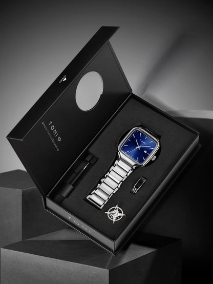 TOMI Men's Quartz Watch New Fashion Box Set Cufflinks Ring Fashion Set Box Watch as a Gift for Men's Gift Box
