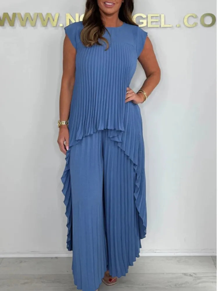 Summer Solid Casual Holiday Two Piece Sets Elegant Women Pleated Irregular O Neck Sleeveless Top + Wide-leg Pants Loose Outfits