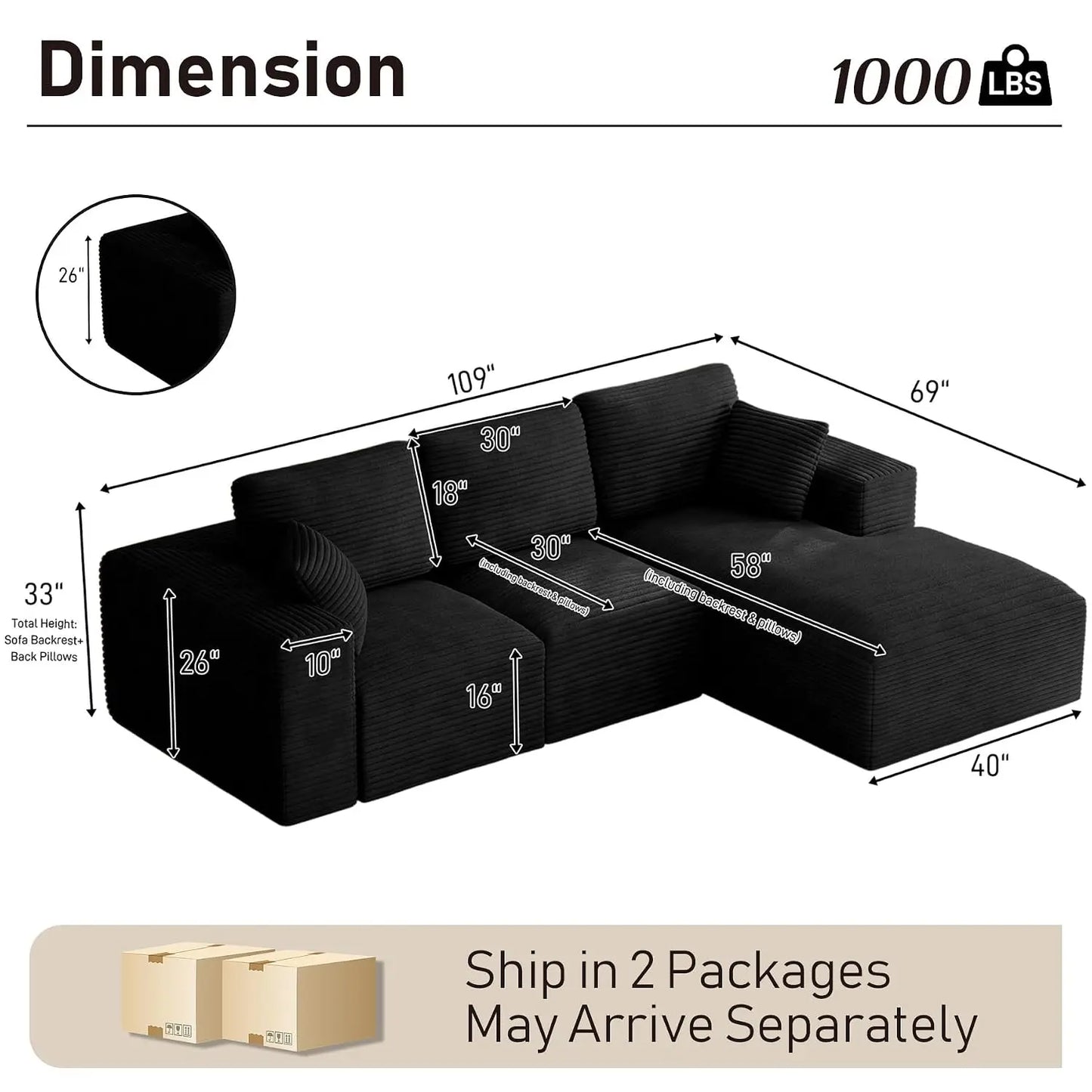 109" L-Shaped Cloud Boneless Couch Sofa with Chaise, Black, Custom