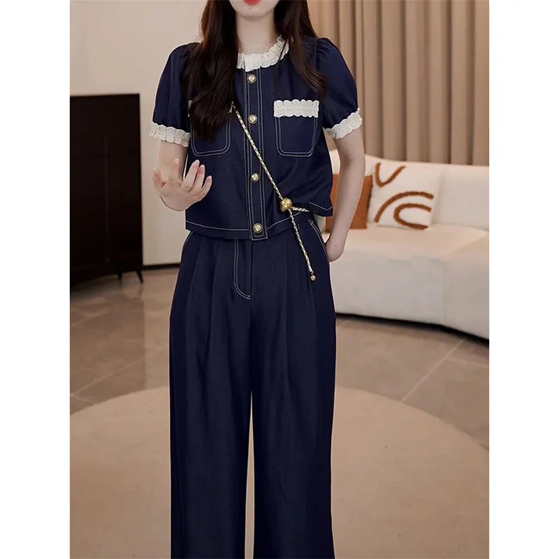Spring Summer Ladies Short Sleeve Pants 2PCS 2026 Female Tops Pantalons Two-piece Suit Korean Women Fashion Round Neck Trousers
