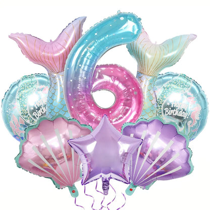 8pcs Mermaid Balloons set Shell Mermaid Foil Balloons 32inch Number Balloon 1-9 for Kids Girls 1-9th Birthday Party Decoration