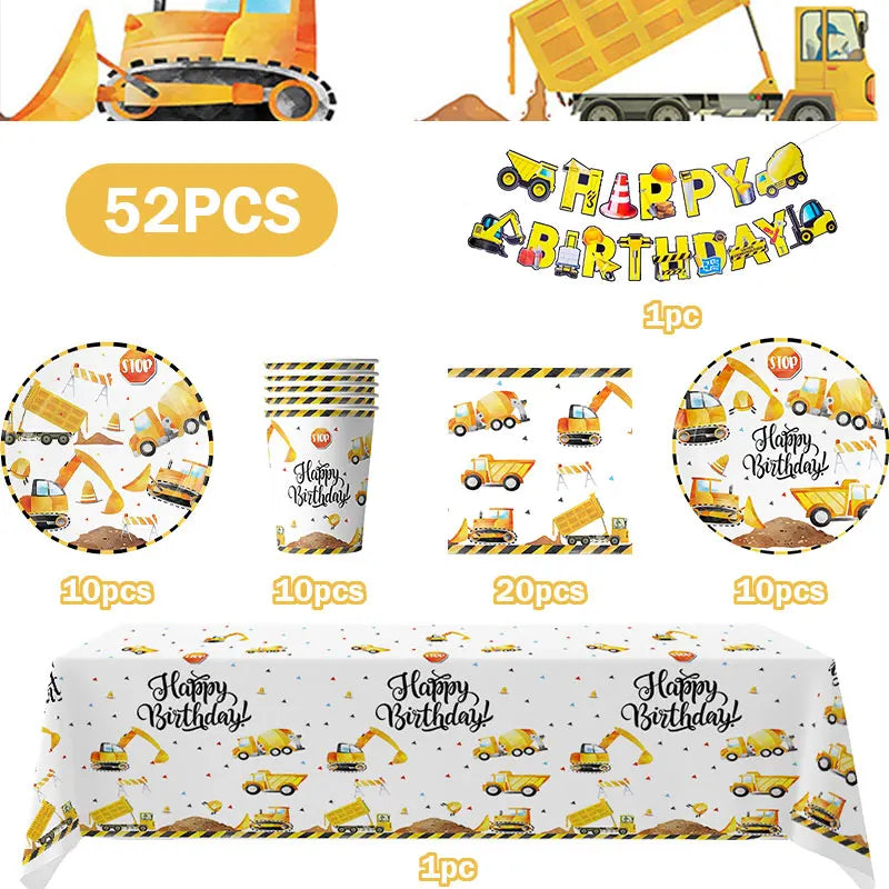 Happy Construction Birthday Party Decorations Set Plates Cup Tablecloth Gift Bags Banner Stickers Cake Decoration Party Supplies