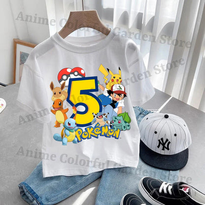 Anime Pokemons Kawaii T-shirts for Children Pikachu Cartoon Number Printed Short-sleeved Top Boys Girls Summer Fashion T-shirt