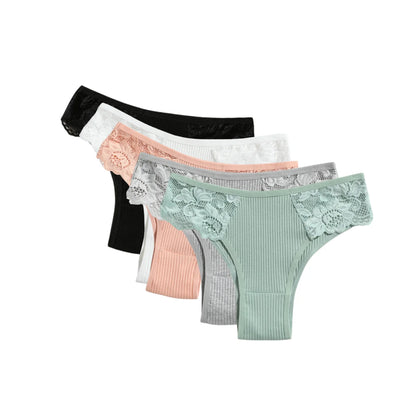 5Pcs/Set Women Cotton Panties Floral Lace Side Panel Low Rise Rib Briefs Low Cut Underwear Comfort Sexy Lingerie Daily Bikini
