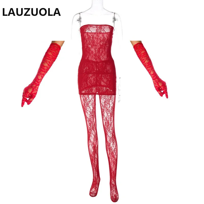 3 Pieces Women Mini Dress + Leggings + Gloves Matching Set 2025 New Club Party See Through Black Red Lace Dresses Suit Outfits