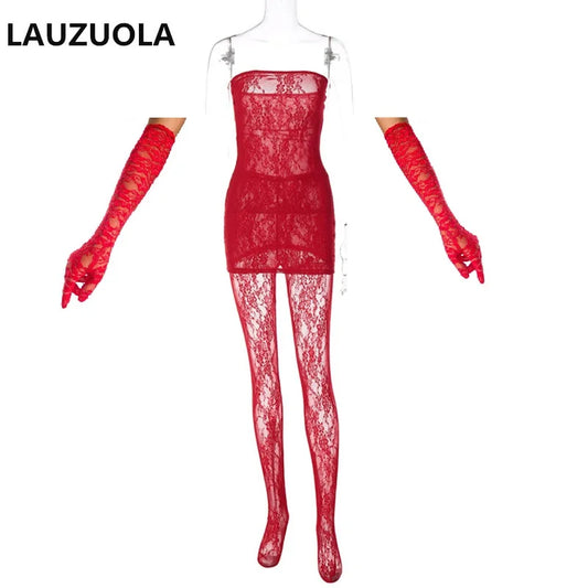 3 Pieces Women Mini Dress + Leggings + Gloves Matching Set 2025 New Club Party See Through Black Red Lace Dresses Suit Outfits