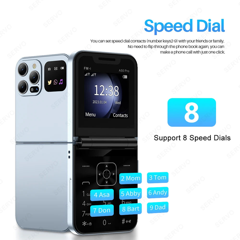 SERVO A50 PRO Flip Mobile Phone 2.4" Display Speed Dial Call Recording Blacklist 2 SIM Unlocked Foldable Cellphones New Version