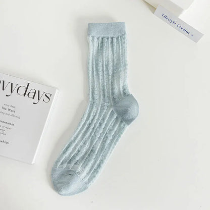 Transparent Crystal Silk Socks Women Fashion Ultra-thin Summer Harajuku Crew Socks Flower Streetwear Elastic Long Mesh Socks