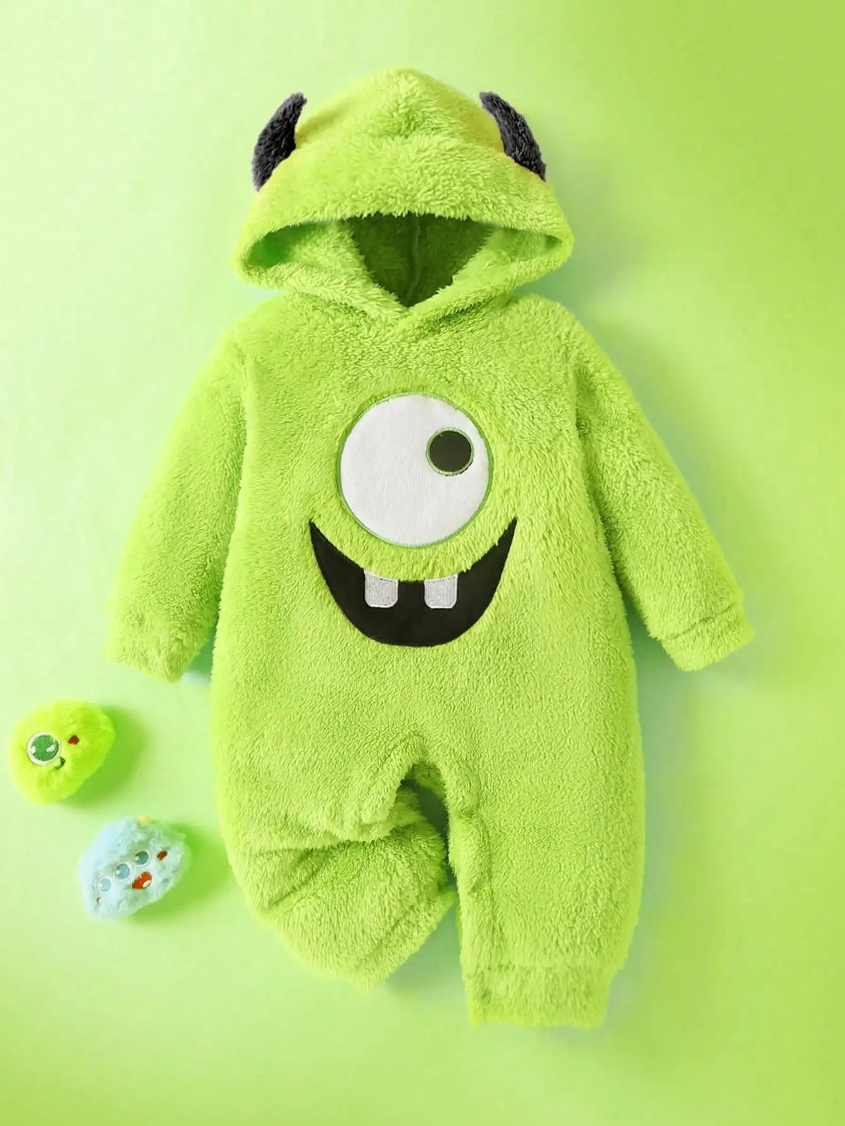 Baby boy monster embroidered demon ear hat plush jumpsuit