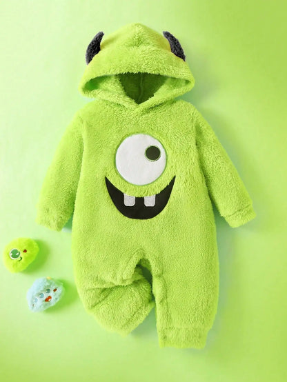 Baby boy monster embroidered demon ear hat plush jumpsuit