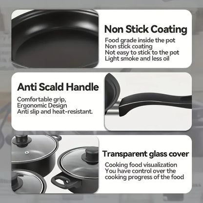 13-Piece Nonstick Cookware Set Black - Induction Compatible Pot Pan Set with Frying Pan & Utensils for Kitchen & Camping