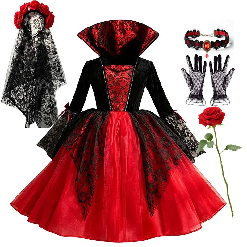 Kids Girls Cosplay Gothic Dark Ghost Bride Witch Vampire Halloween Costume Red Black Tutu Dress Wig Veil Kits Trick or Treat