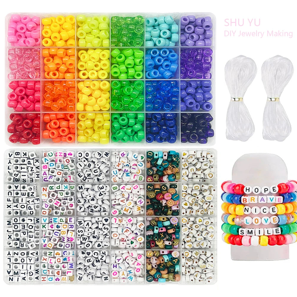 SHU YU Pony Beads for Friendship Bracelet Making Kit 24 Colors Kandi Beads Set, Plastic Rainbow Bulk and 980pcs Letter Beads wit