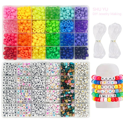 SHU YU Pony Beads for Friendship Bracelet Making Kit 24 Colors Kandi Beads Set, Plastic Rainbow Bulk and 980pcs Letter Beads wit