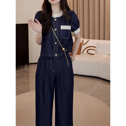 Spring Summer Ladies Short Sleeve Pants 2PCS 2026 Female Tops Pantalons Two-piece Suit Korean Women Fashion Round Neck Trousers