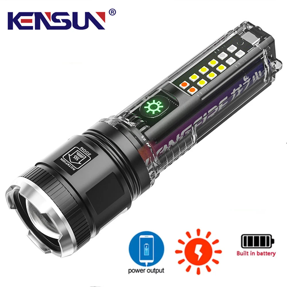 High Power LED Flashlight With Side Light Solar Powered Hand Lantern USB Rechargeable Strong Torch For Outdoor Camping Fishing