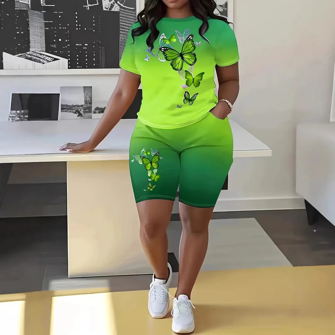 Fashion Casual Women's Shorts Short Sleeve Suit Gradient Letter Print Summer Suit T-shirt + Shorts 2 Pieces Sets 2025