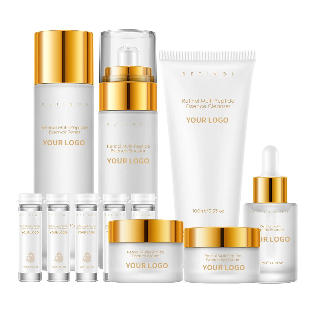 7PCS Retinol Multi-Peptide Skincare Set Hydrating Face Care Routine Gift Box Toner Cleanser Essence Cream Mask for Smooth Glow