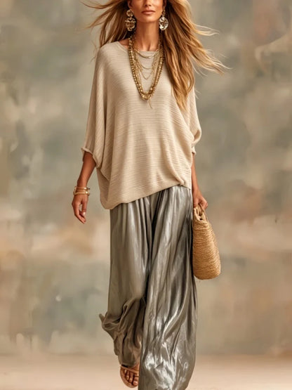 Fashion Women Trousers Suits Loose Round Neck Batwing Sleeve Knit T-shirt with Satin Wide-leg Pants Autumn Elegant Two Piece Set