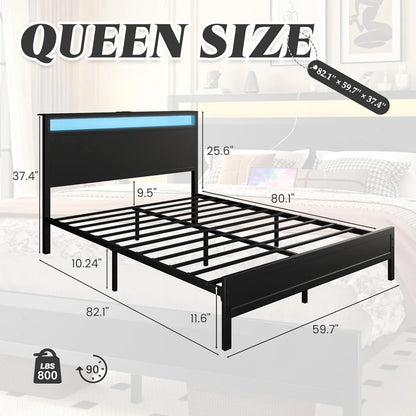 Fluest Queen Bed Frame with Headboard & Footboard, Bed Frame with Built-in Charging Station LED Light, Storage Shelf，Customized