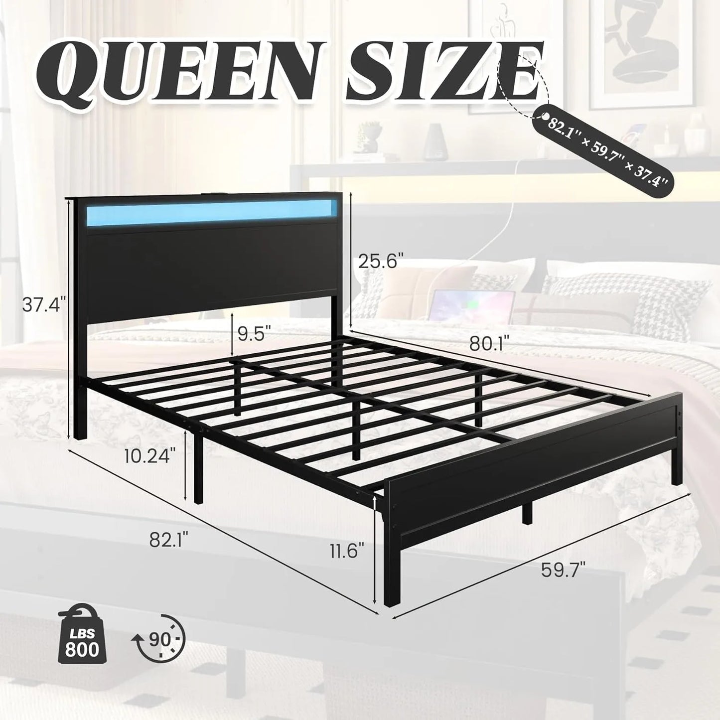 Fluest Queen Bed Frame with Headboard & Footboard, Bed Frame with Built-in Charging Station LED Light, Storage Shelf，Customized