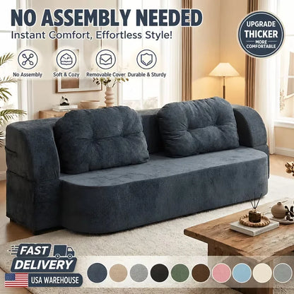 Vacuum Compressed Sofa Bed Convertible 2 in 1 Folding Couch with Soft Cushions Space Saving Floor Sofa for Living Room Bedroom Apartment Guest Room Lounge Modern Upholstered Sleeper Sofa in Blue or Green Easy Setup Comfortabl