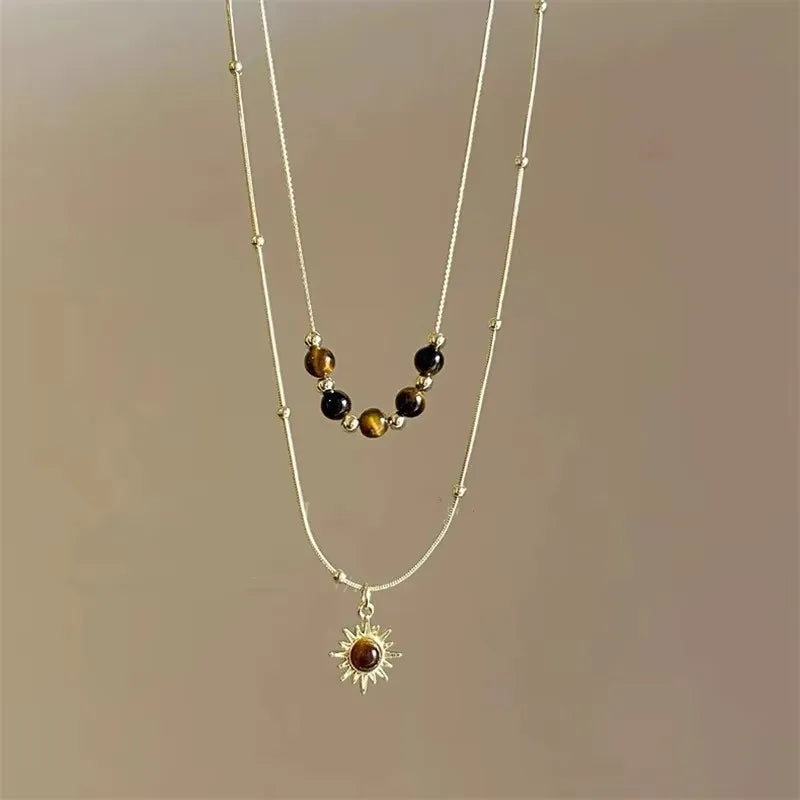 Vintage Leather Brown Stone Sun Pendant Beaded Choker Clavicle Chain Necklace For Women Unique Y2K Personalized Grunge Jewelry